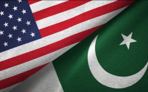 United States and Pakistan two flags textile cloth, fabric texture