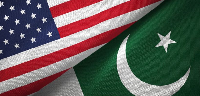 United States and Pakistan two flags textile cloth, fabric texture