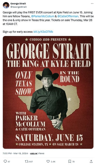 George Strait has announced his first and only Texas performance of the year