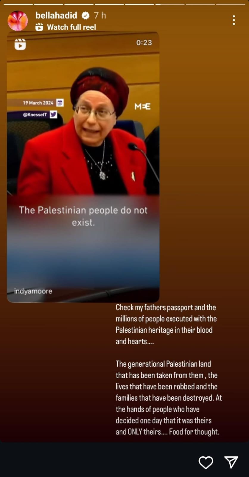 Israeli Minister's claim that there are no Palestinians gets criticized by Bella Hadid