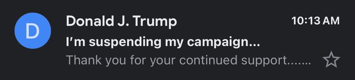 Through email, Donald Trump'suspends' his presidential campaign
