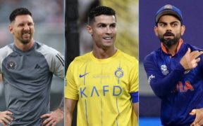 Lionel Messi and Cristiano Ronaldo interact with Virat Kohli